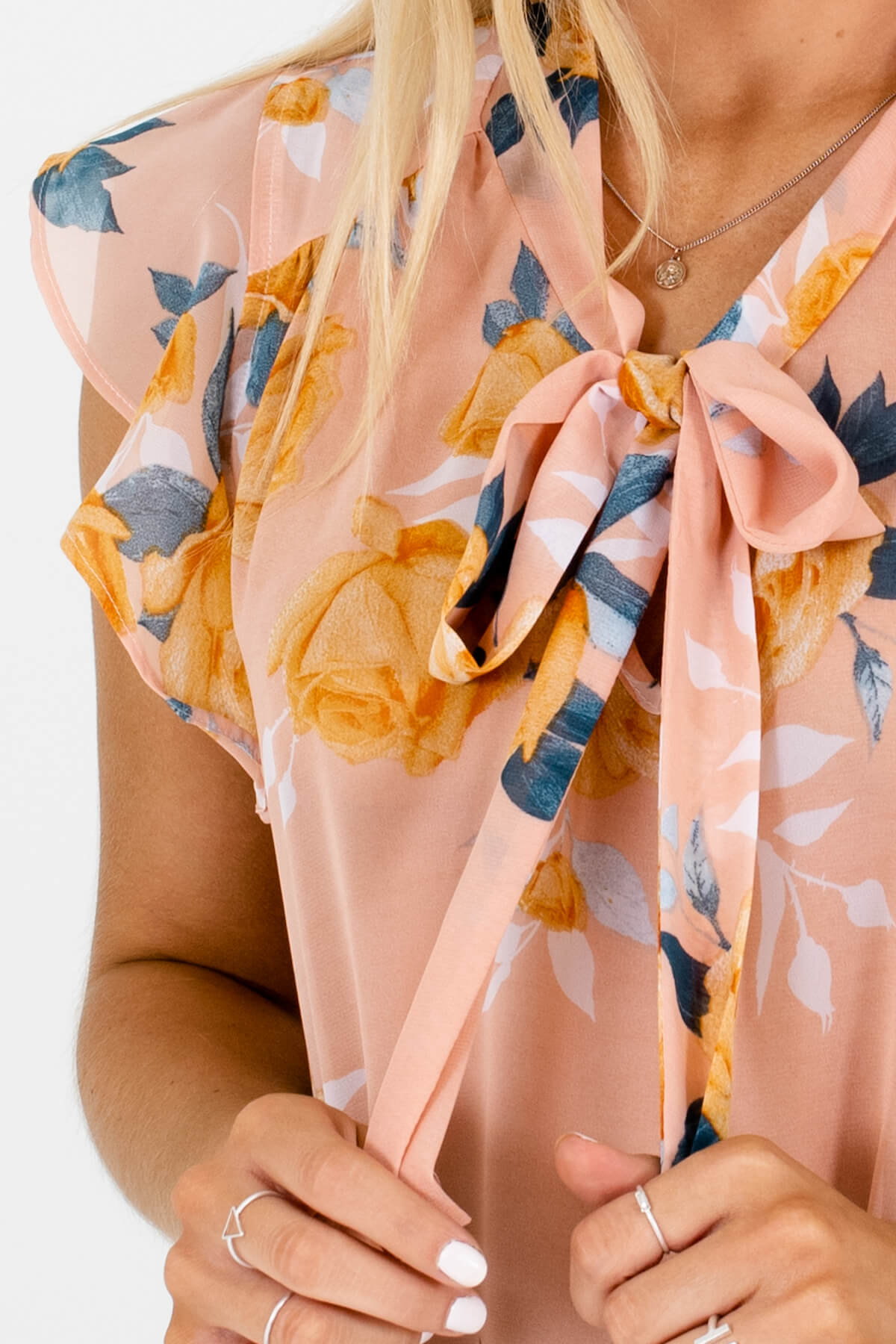 Peach Pink Orange Floral Pussybow Tie Ruffle Sleeve Blouses