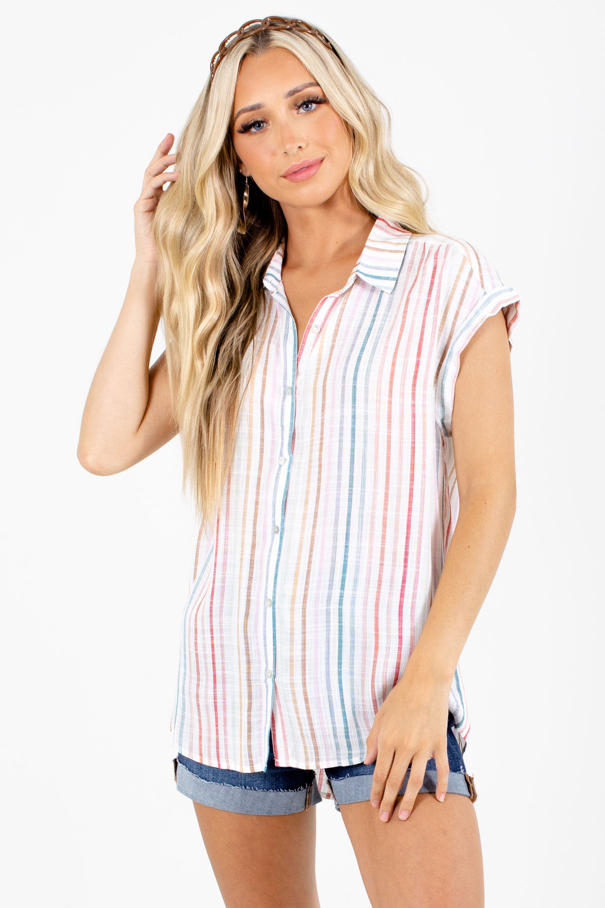 White Multi Striped Boutique Shirts for Women