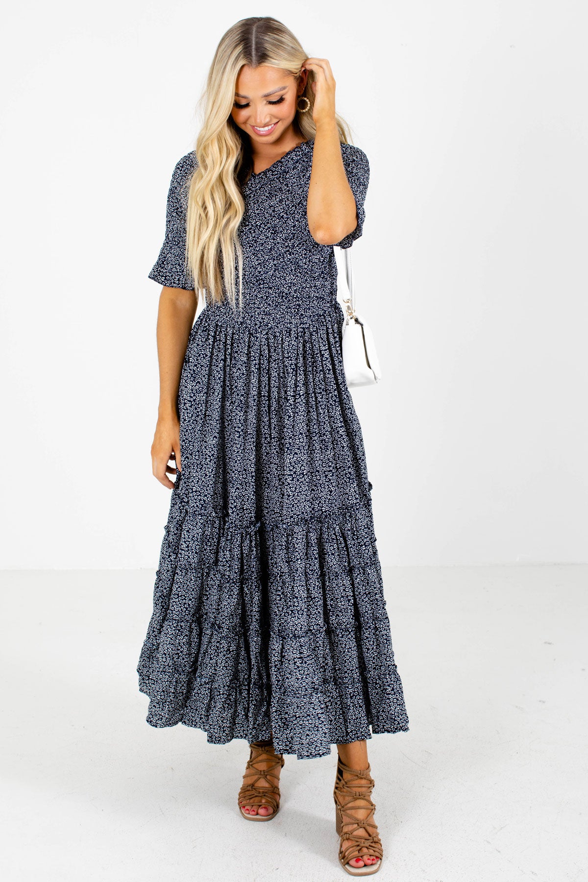 Navy Floral Midi Dress Boutique Clothing for Women