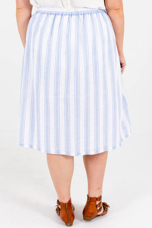 Women's Blue and White Back Elastic Waistband Plus Size Boutique Midi Skirt