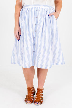 White and Blue Stripe Patterned Boutique Plus Size Midi Skirts for Women