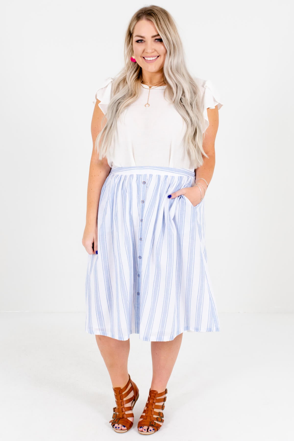 White and Blue Striped Cute and Comfortable Plus Size Boutique Midi Skirts for Women