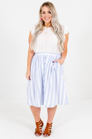 White and Blue Striped Cute and Comfortable Plus Size Boutique Midi Skirts for Women