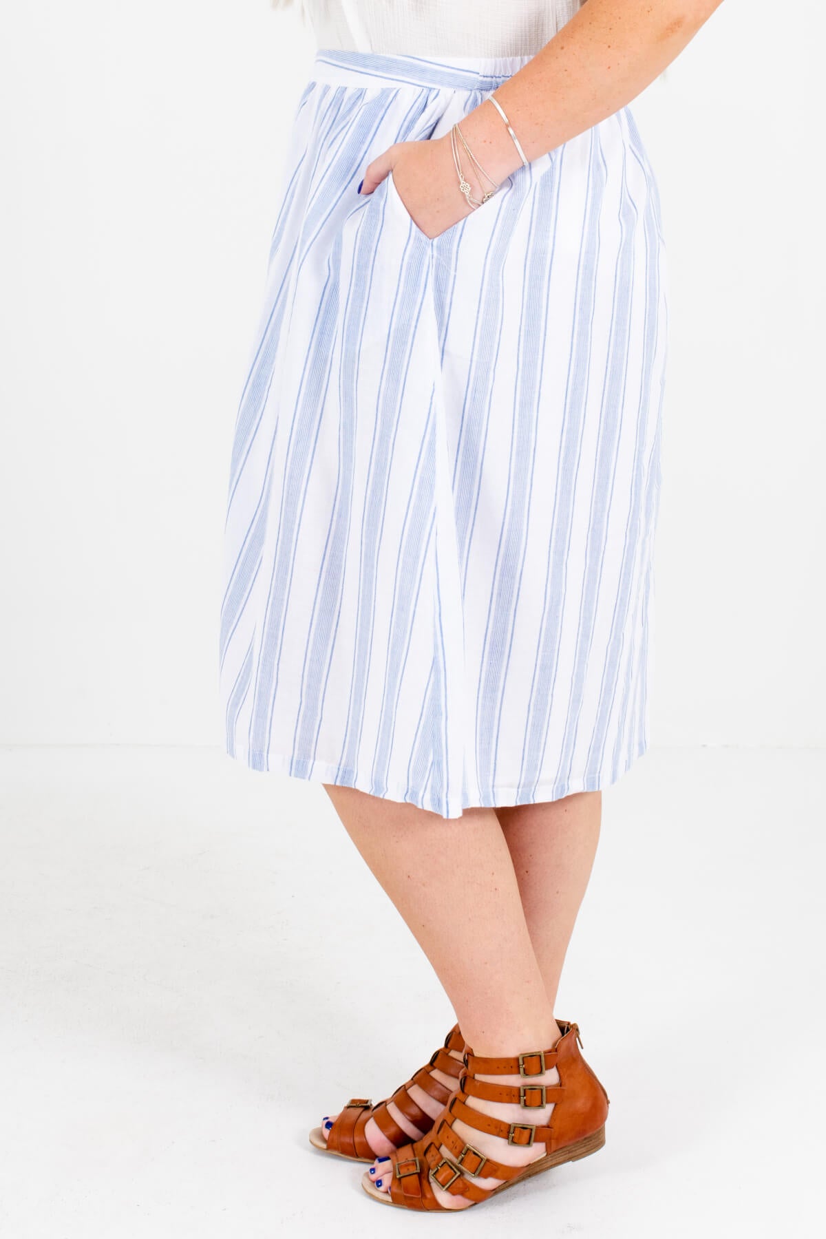 White and Blue Button-Up Front Plus Size Boutique Midi Skirts for Women