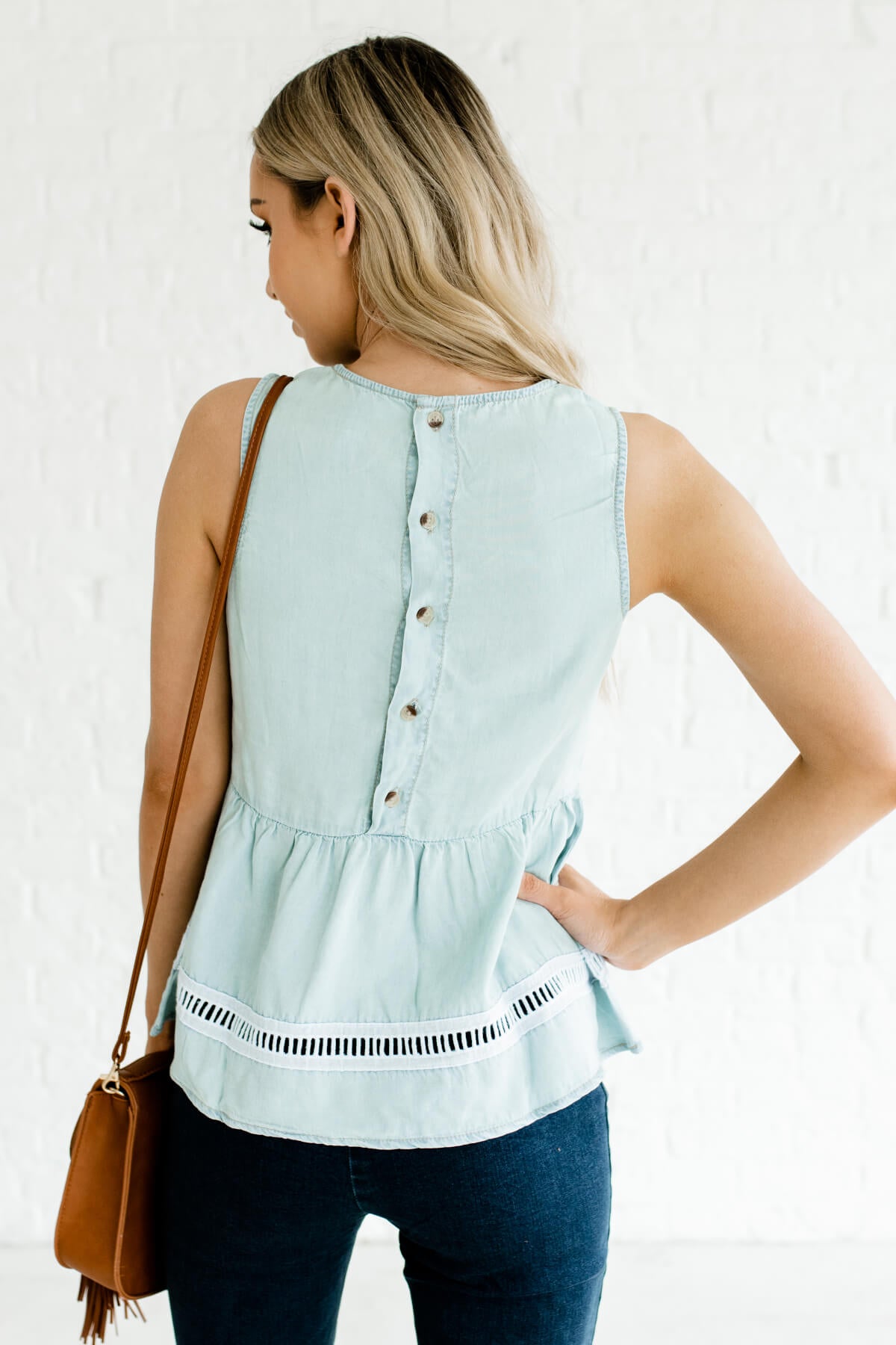 Women's Light Blue Ladder Lace Accented Boutique Tank Top