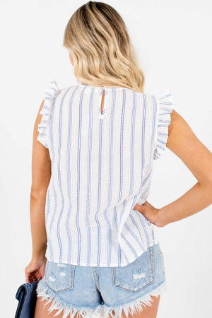 White Blue Stripe Motif Ruffle Tank Tops for 4th of July Outfits