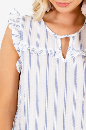 White Blue Striped Cotton Ruffle Tops Affordable Online Boutique