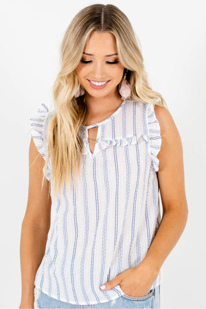 White Blue Striped Ruffle Tops Affordable Online Boutique