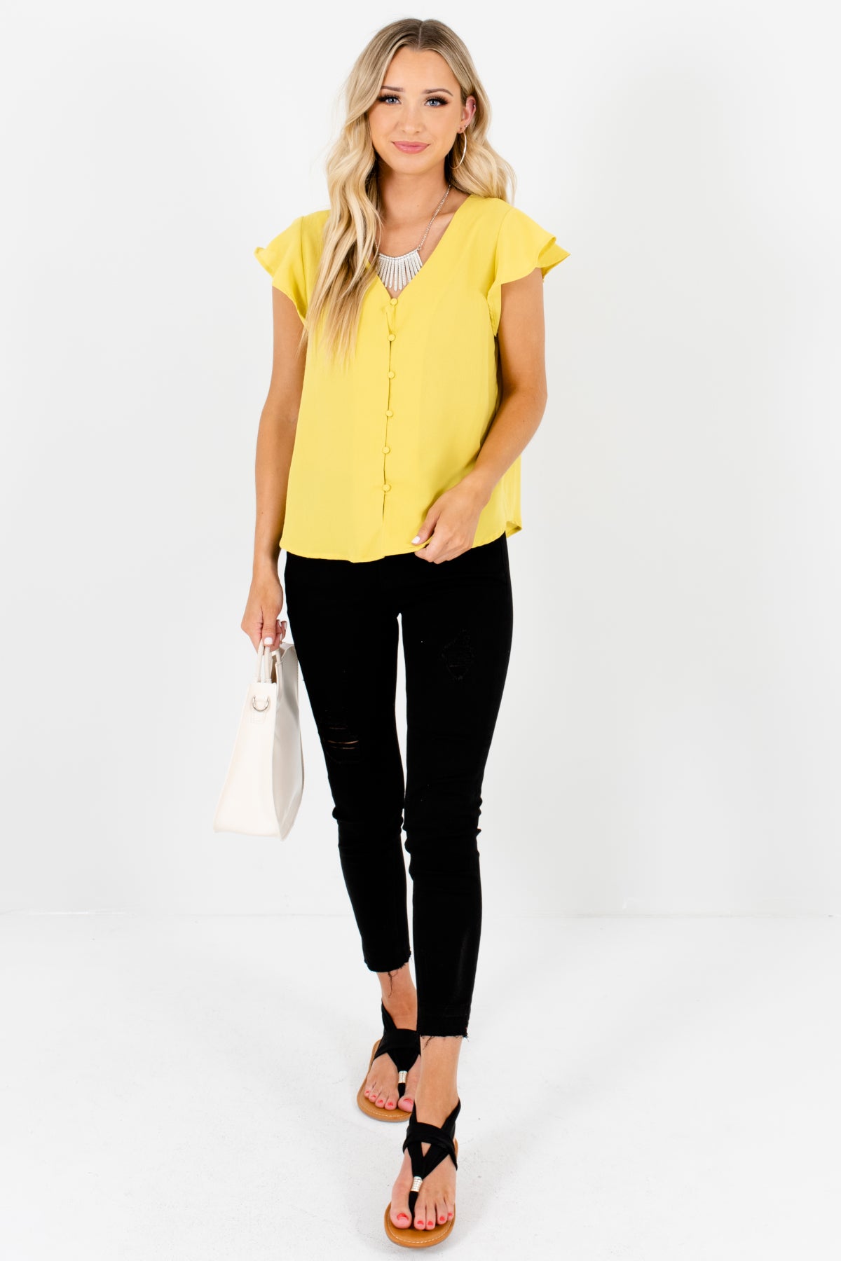 Chartreuse Yellow-Green Button-Up Blouses Affordable Online Boutique
