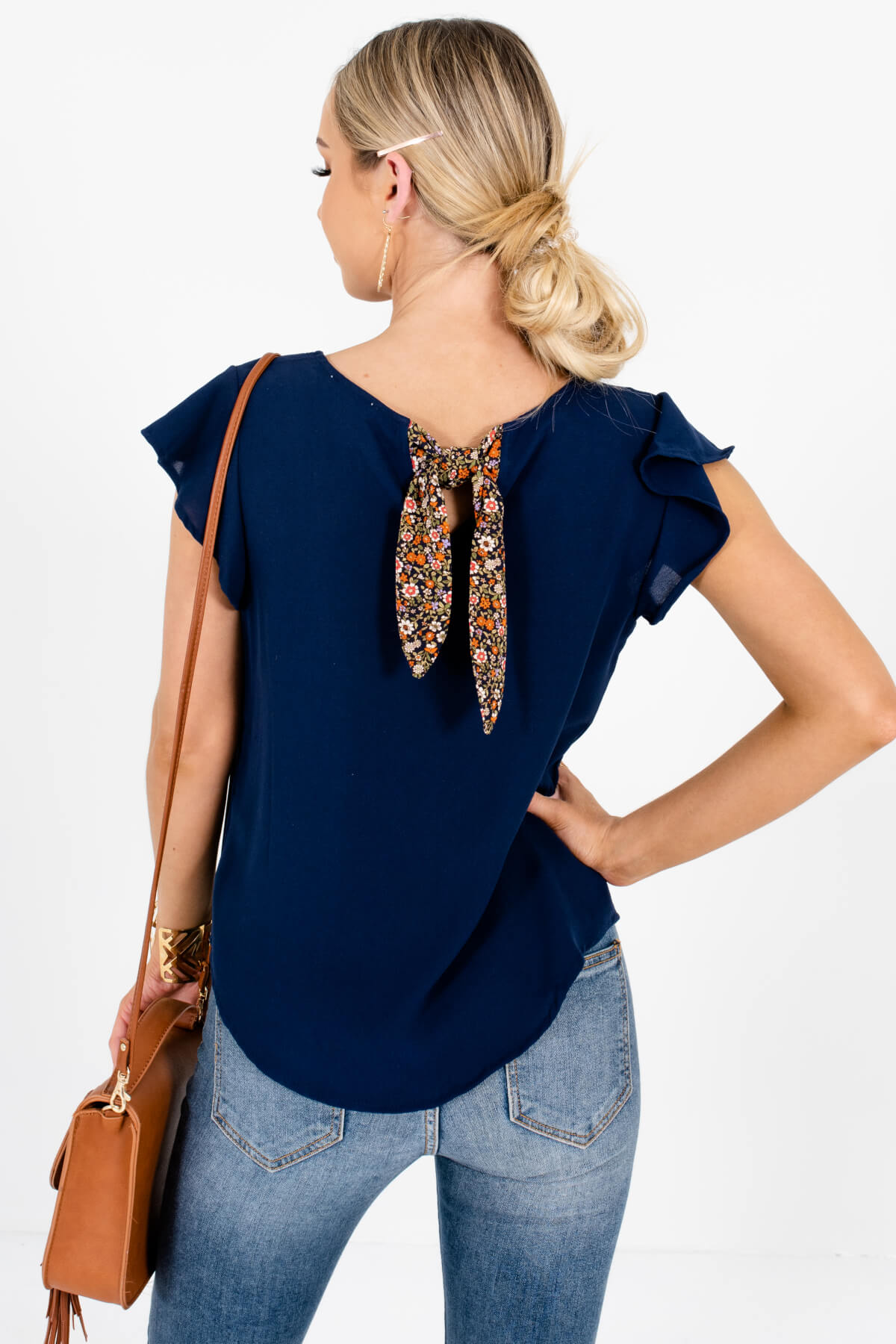 Navy Blue Flutter Sleeve Button-Up Blouses with Floral Tie Detail