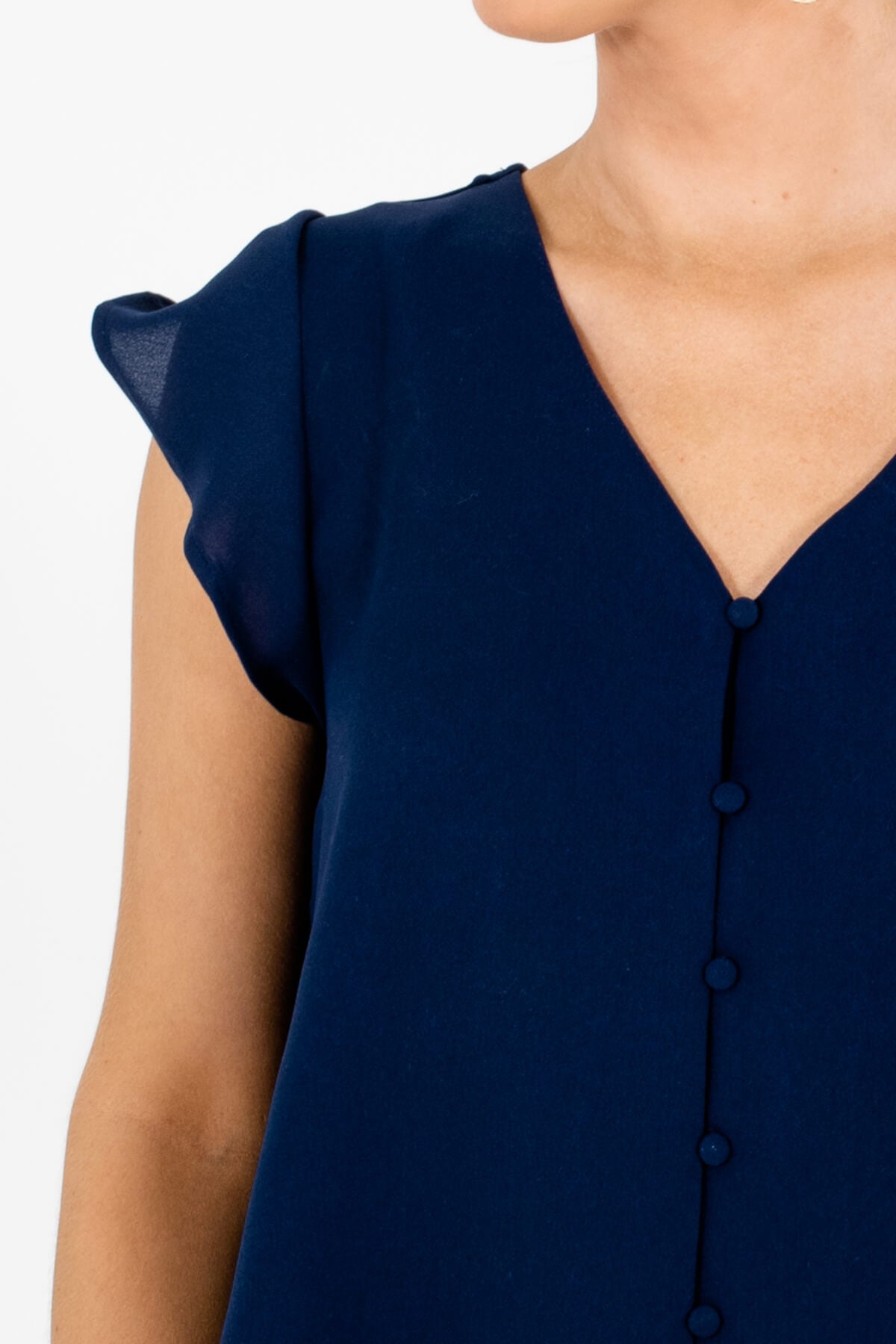 Navy Blue Flutter Sleeve Button-Up Blouses Affordable Online Boutique