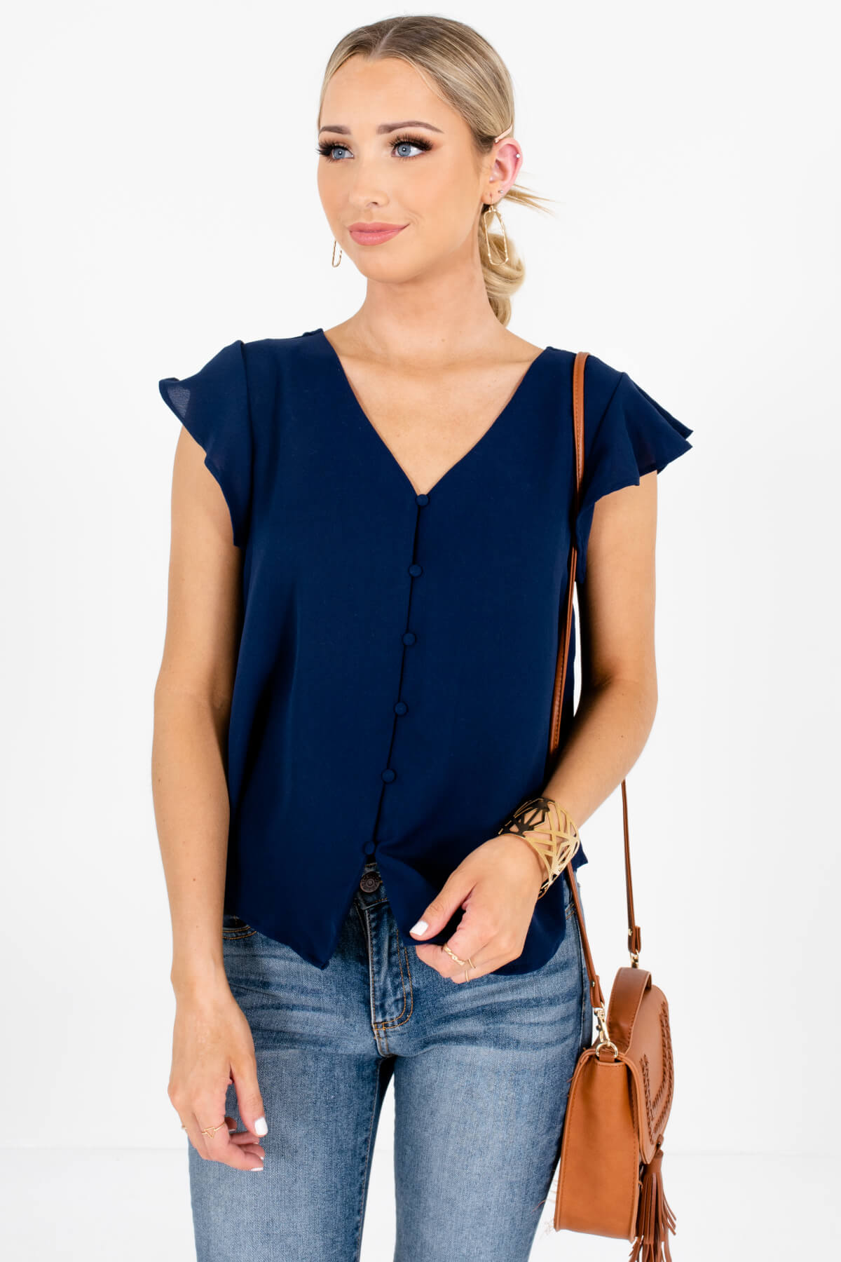 Navy Blue Flutter Sleeve Button-Up Tops and Blouses with Floral Tie Detail