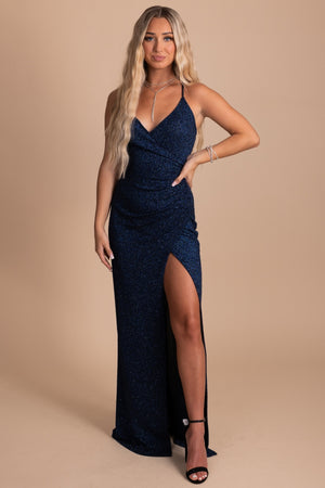 Women's Navy Blue Formal Dress with Sparkly Material