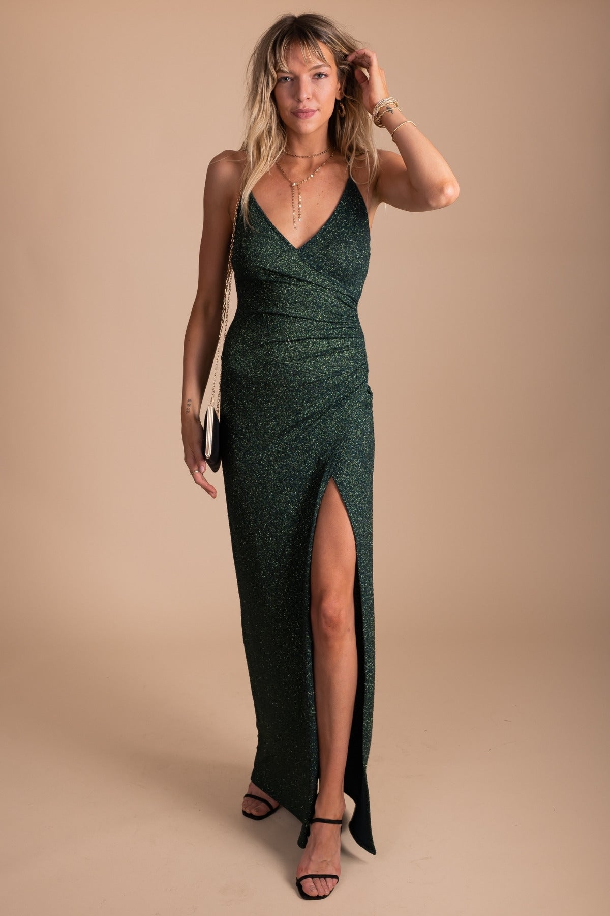 Hunter Green Formal Maxi Dress with Side Slit to Thigh