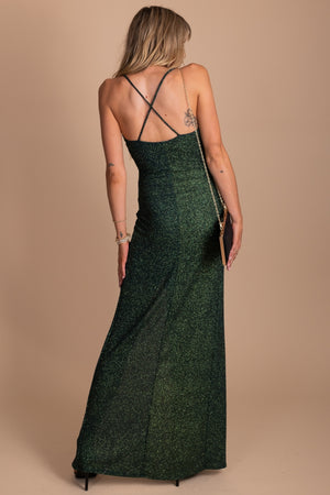 Long Hunter Green Shimmery Dress with Spaghetti Straps