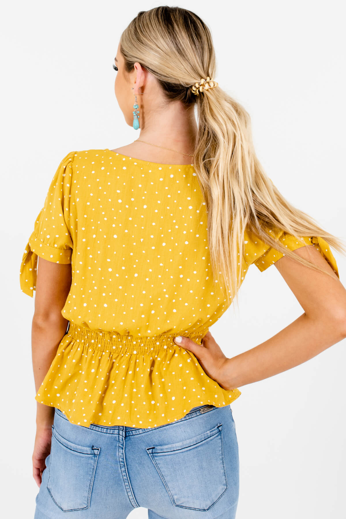 Women's Mustard Yellow Self-Tie Sleeve Boutique Tops