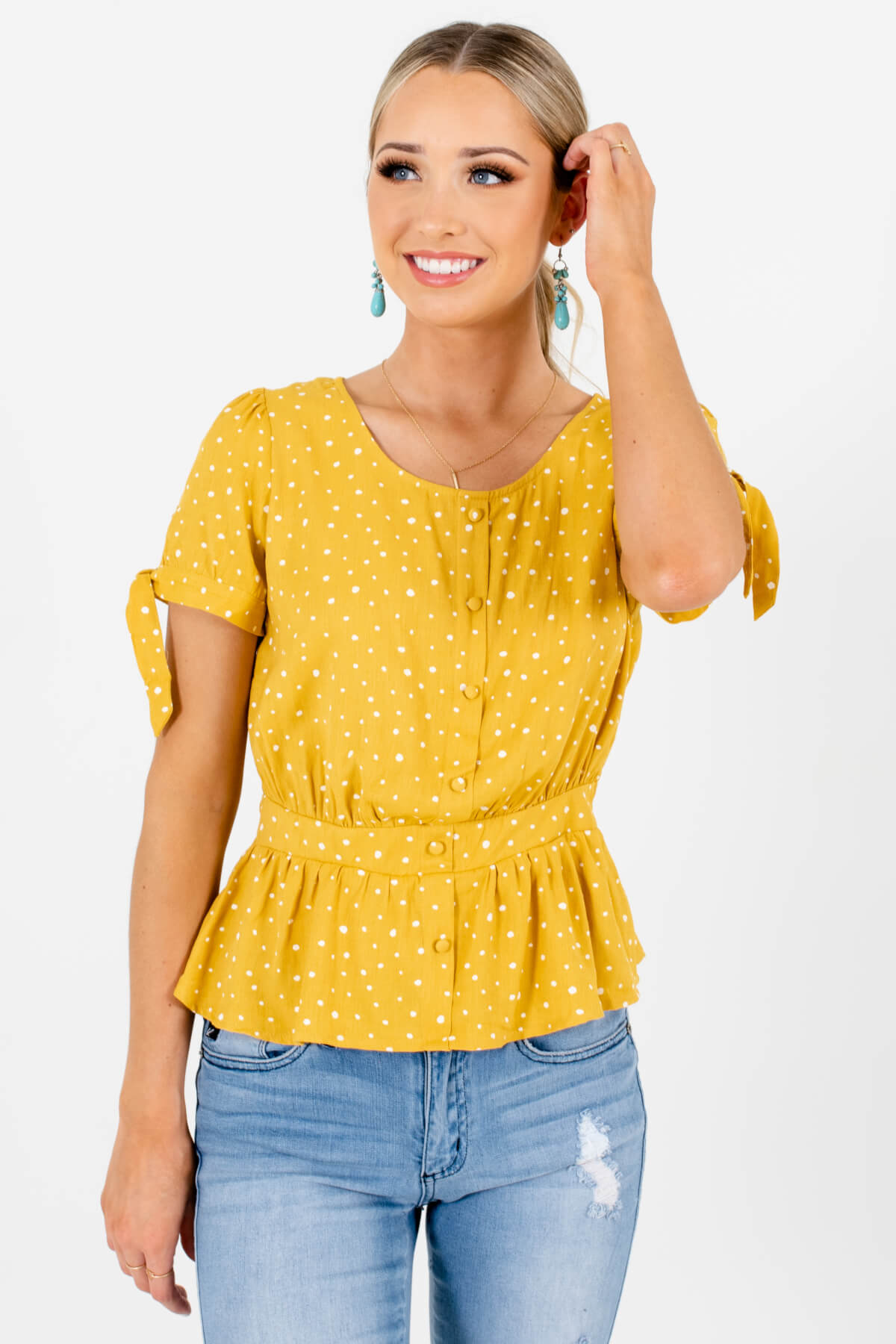 Mustard Yellow Decorative Button Boutique Tops for Women