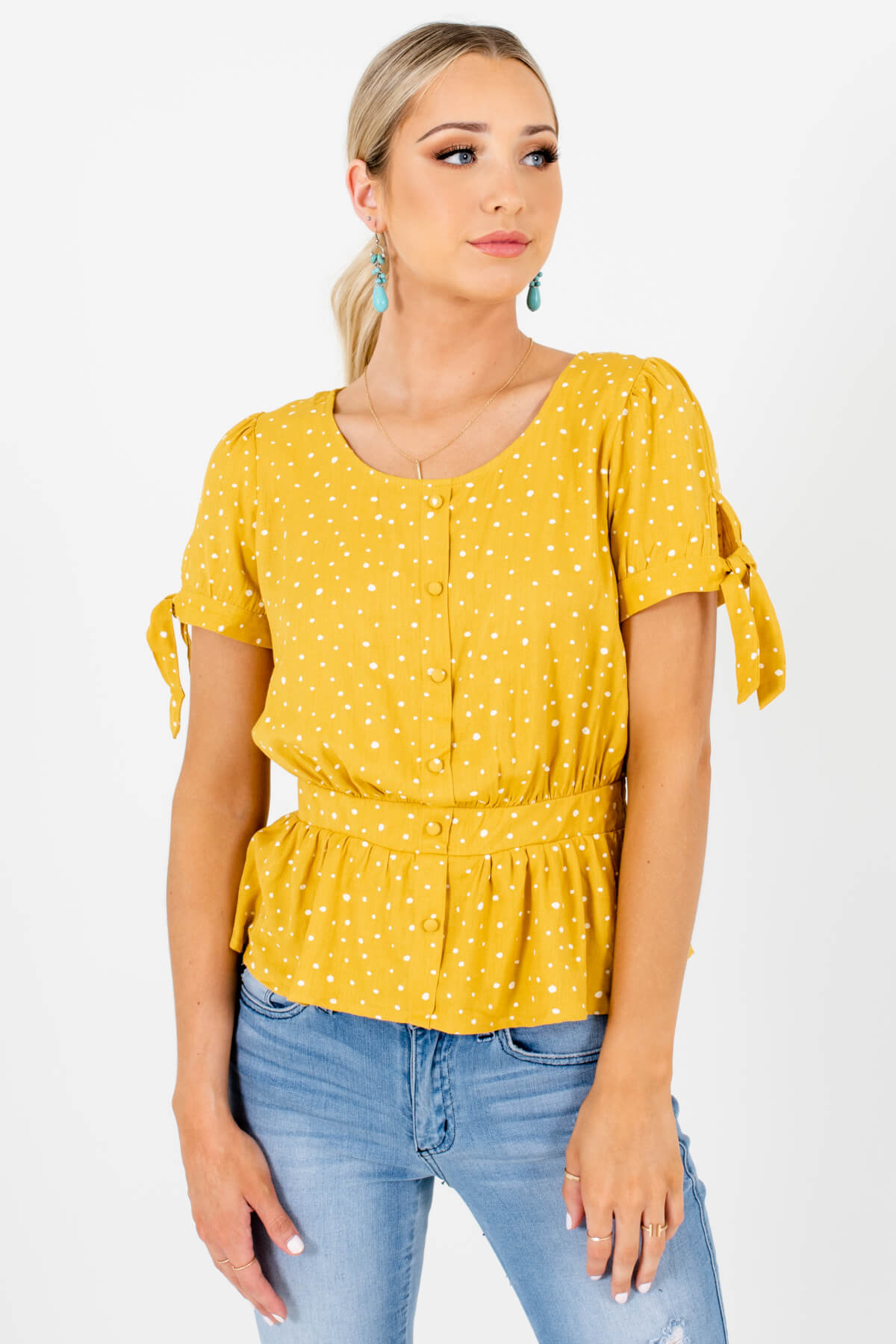 Mustard Yellow and White Polka Dot Patterned Boutique Tops for Women