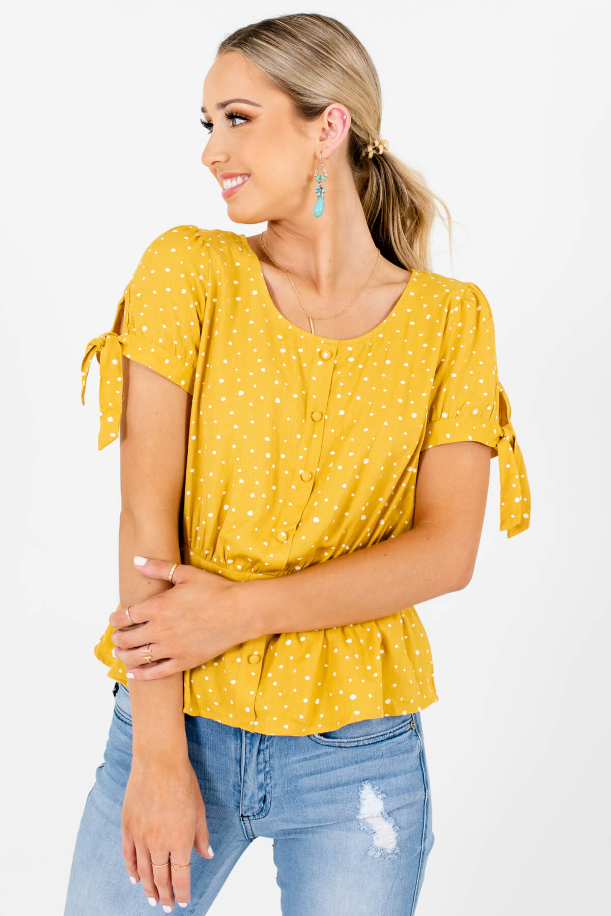 Mustard Yellow Polka Dot Cute and Comfortable Boutique Tops for Women