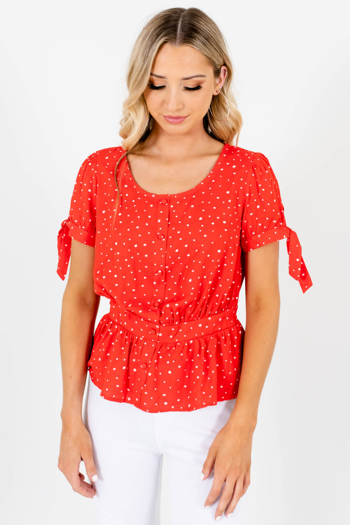 Red and White Polka Dot Patterned Boutique Tops for Women