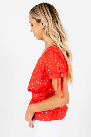 Women's Red Smocked Back Waistband Boutique Tops