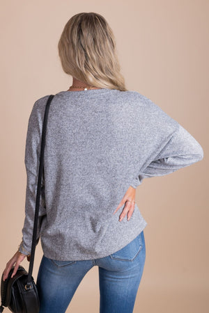 Women's Light Gray Long Sleeve Boutique Top