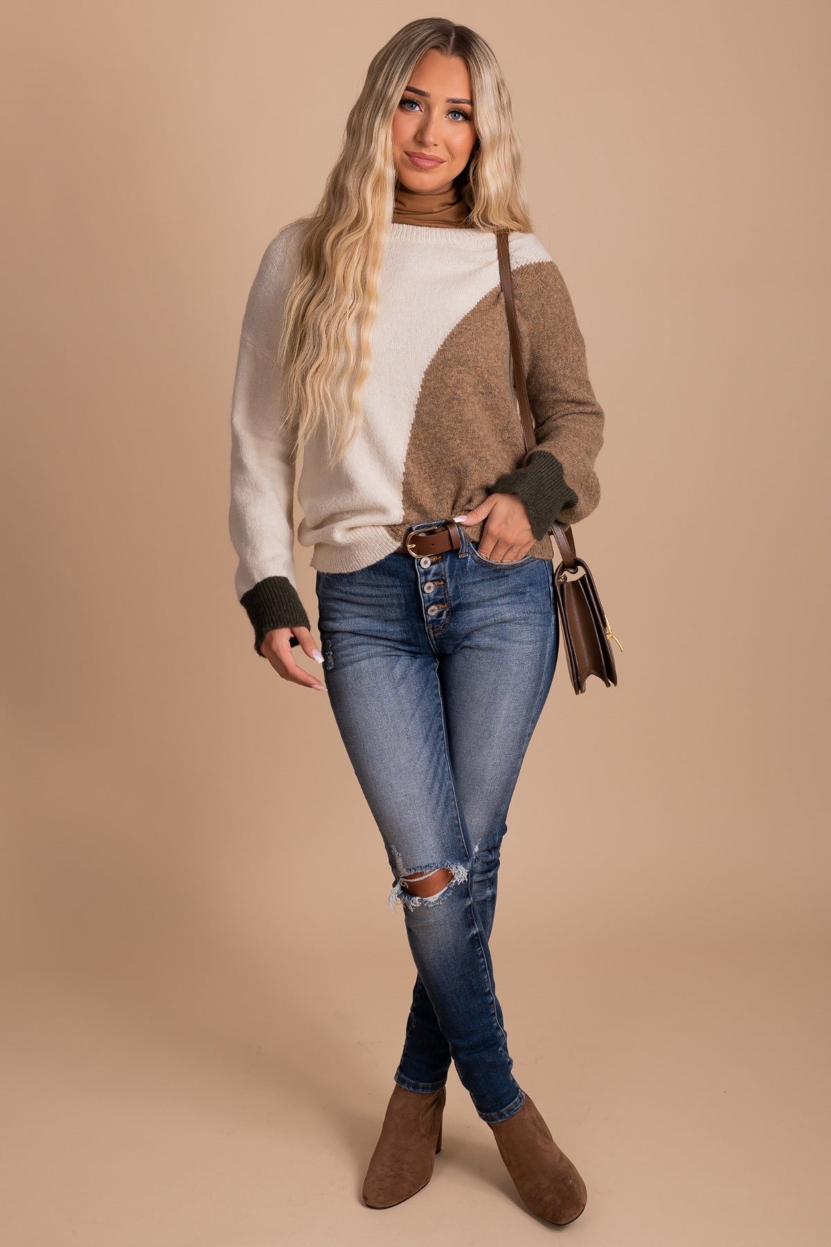 Oatmeal Off White, Brown, and Olive Dark Green Sweater for Fall