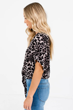Gray Leopard Print Relaxed Fit Boutique Tops for Women