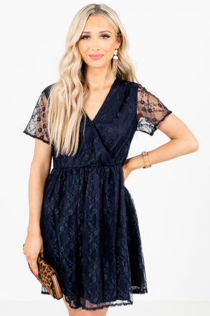 Navy Blue Faux Wrap Style Boutique Mini Dresses for Women
