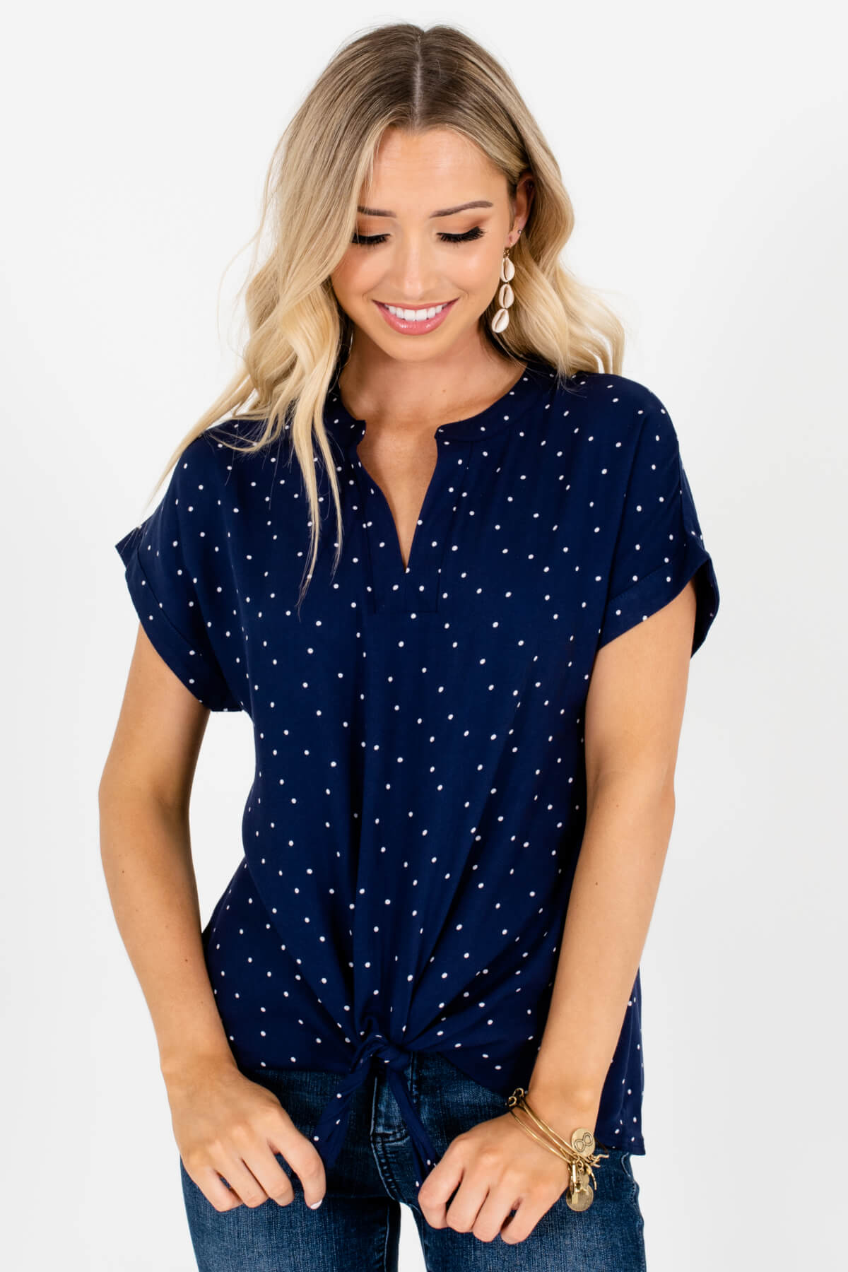 Women's Loose Casual Short Sleeve Top Navy Blue and White Polka Dots  T-Shirt Blouse(226ya7a)