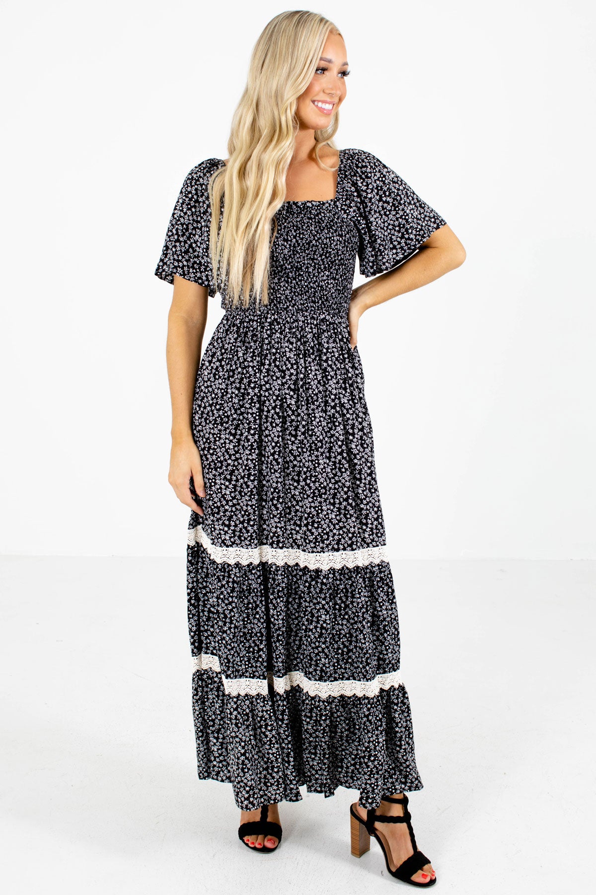 Black and White Floral Boutique Maxi Dresses for Women