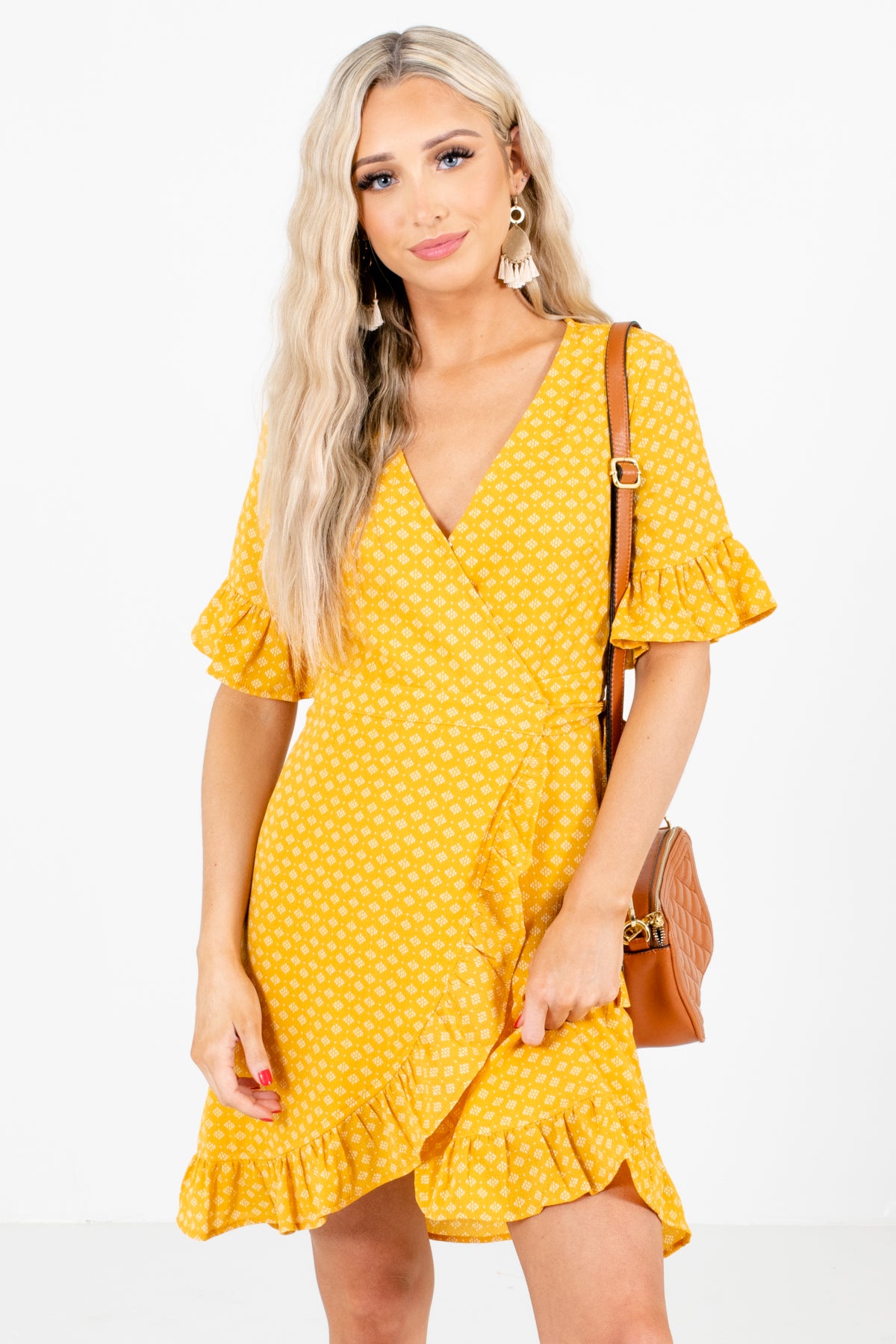 Yellow Patterned Boutique Mini Dresses for Women