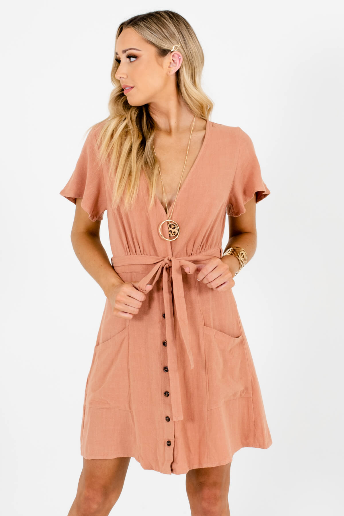 Muted Pink Button-Up Front Boutique Mini Dresses for Women