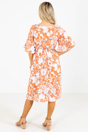 Women's Orange Faux Wrap Bodice Boutique Midi Dress