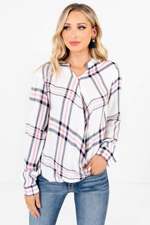 White Pink and Navy Plaid Patterned Boutique Tops for Women