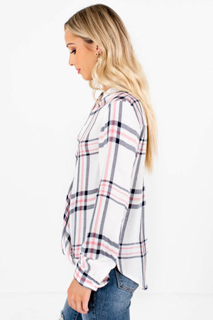 White Plaid Wrap Style Boutique Tops for Women