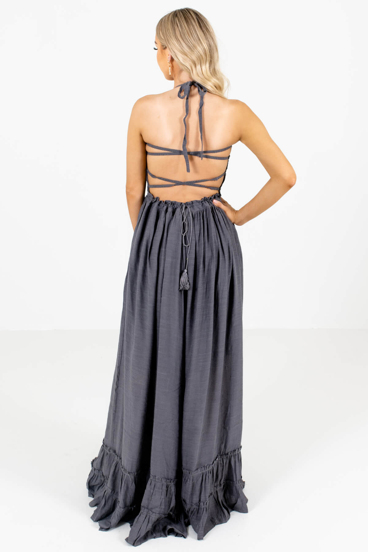 Women's Charcoal Gray Open Back Boutique Maxi Dress
