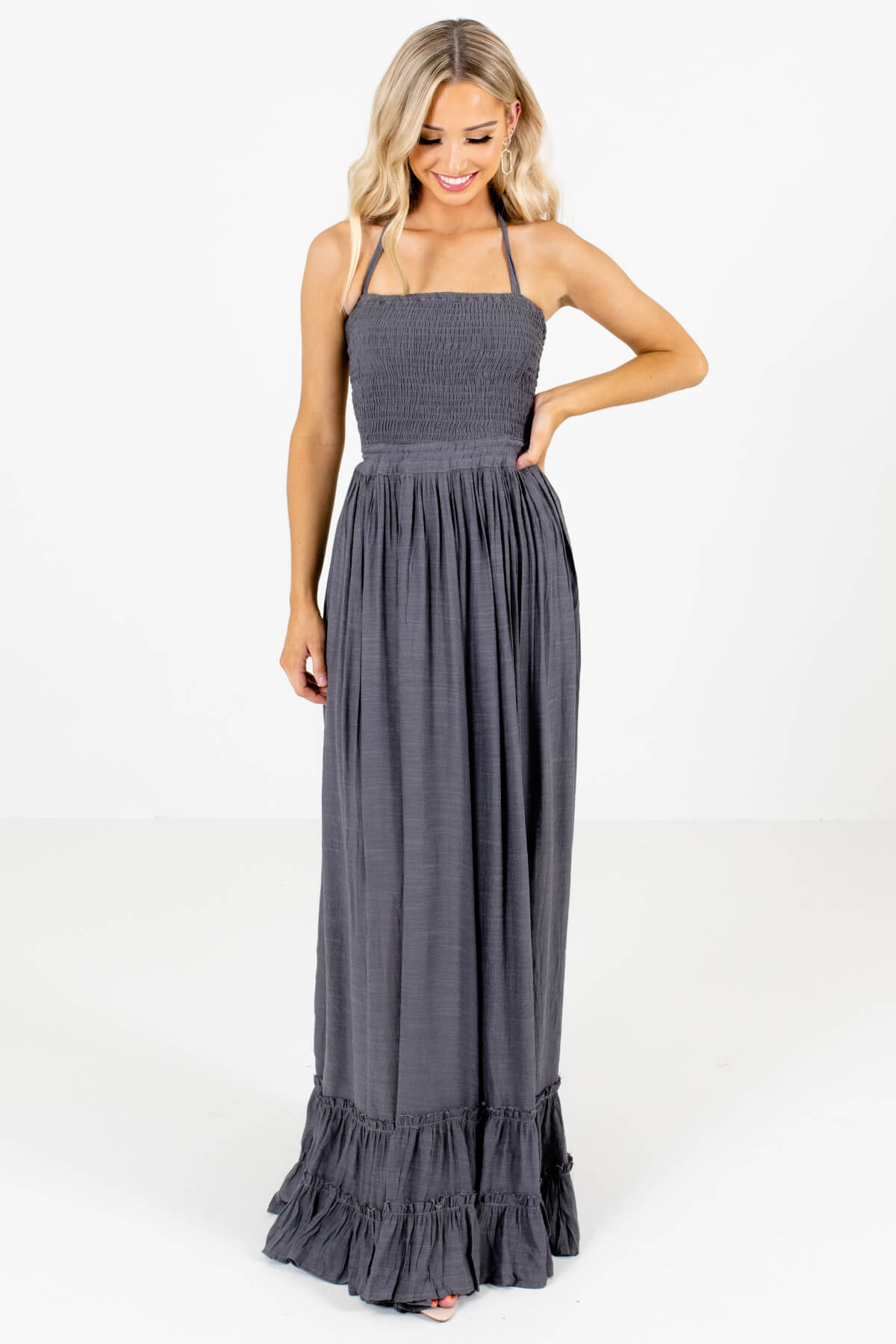 Women's Charcoal Gray Partially Lined Boutique Maxi Dress