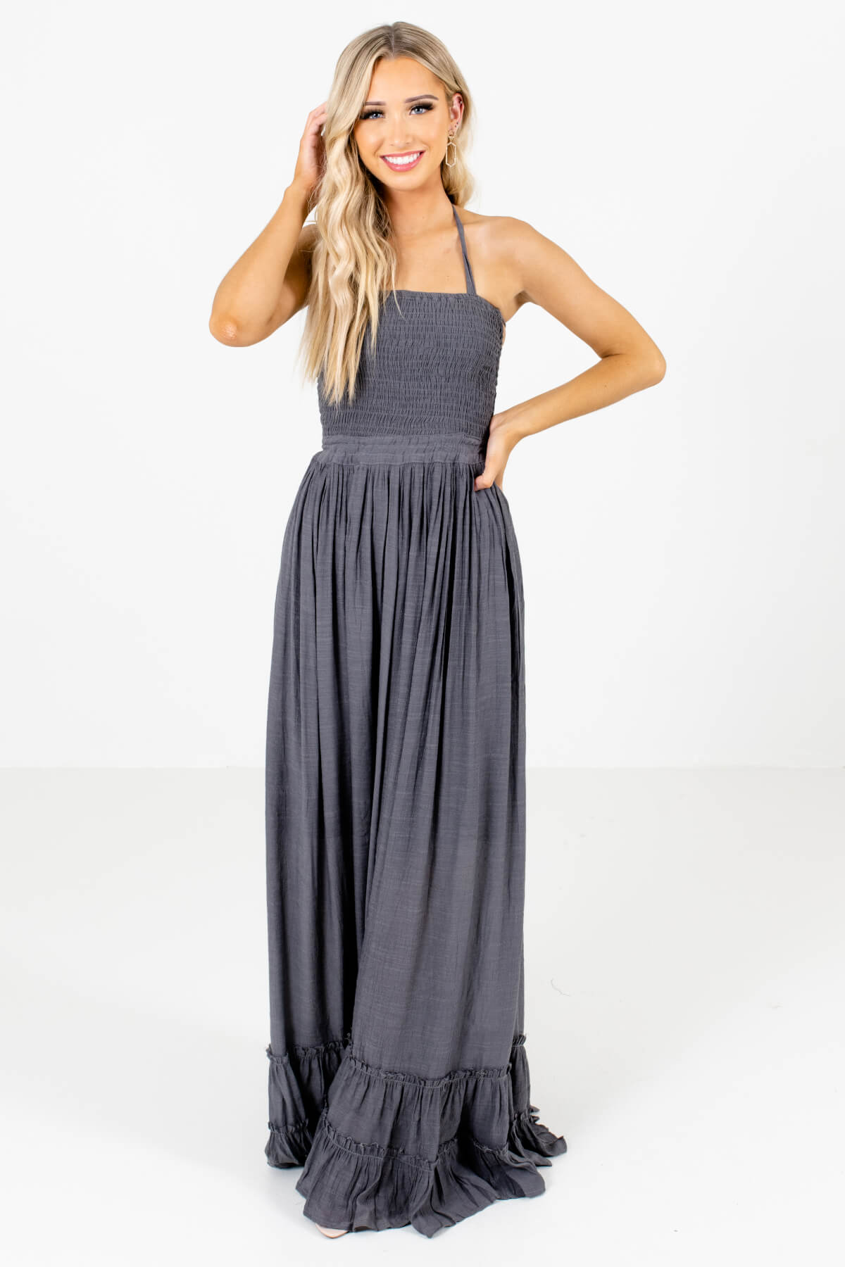 Charcoal Gray Smocked Bodice Boutique Maxi Dresses for Women