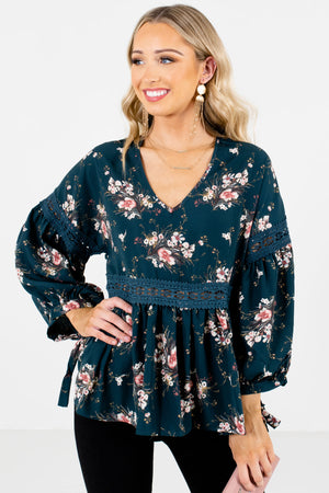 Teal Blue Multicolored Floral Pattern Boutique Blouses for Women