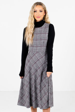 Gray Multicolored Plaid Patterned Boutique Midi Dresses for Women