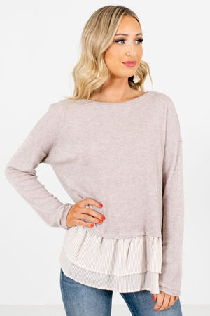 Women's Taupe Brown Round Neckline Boutique Tops