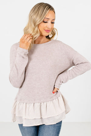 Taupe Brown and White Striped Boutique Tops for Women