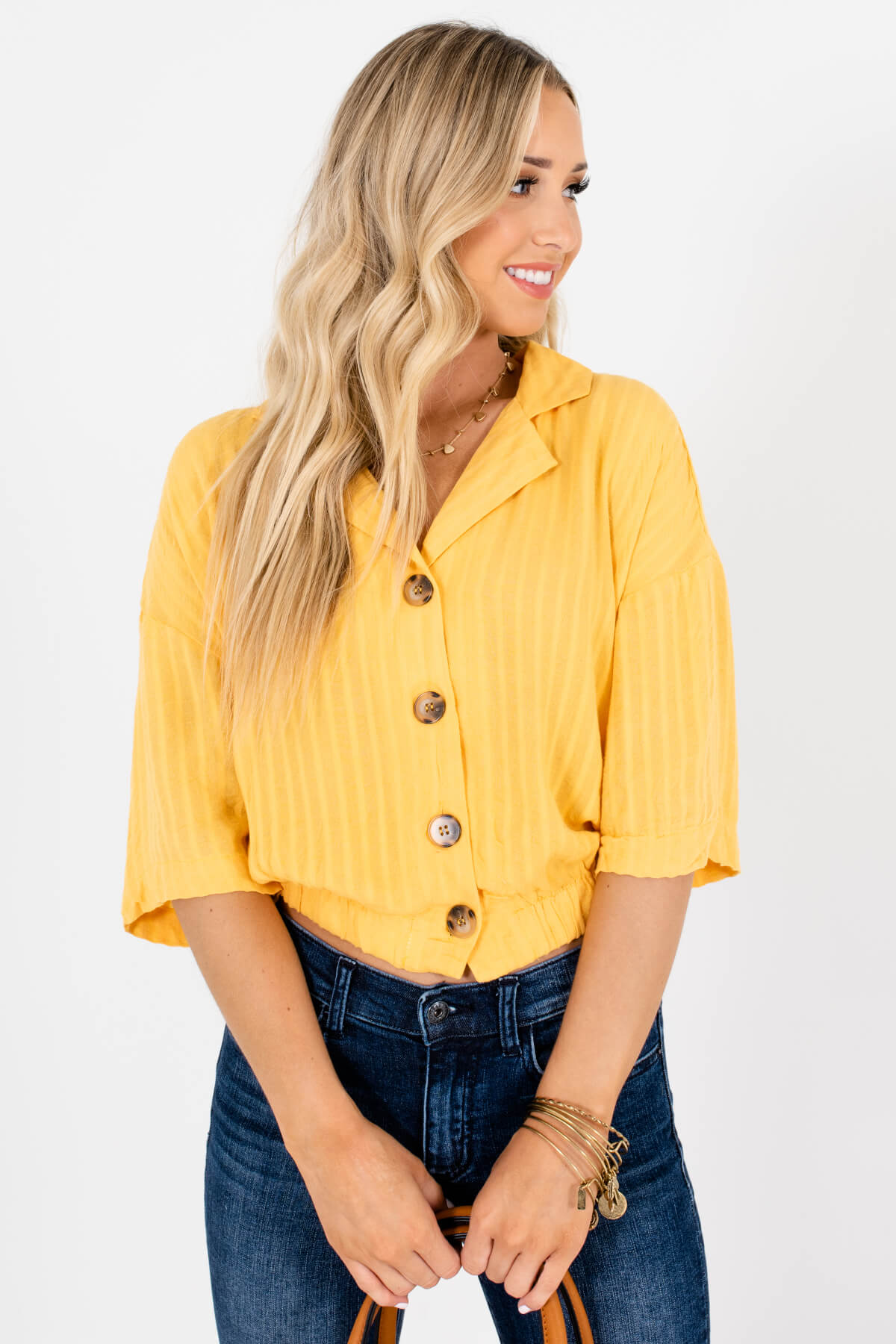 Yellow Button-Up Front Boutique Shirts for Women