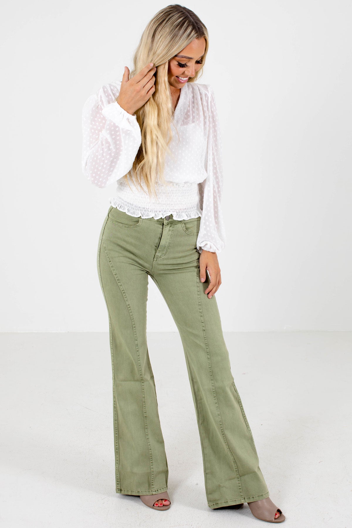 Sage Green Cute and Comfortable Boutique Flare Jeans for Women