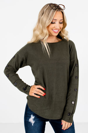 Olive Green Button Accented Boutique Tops for Women