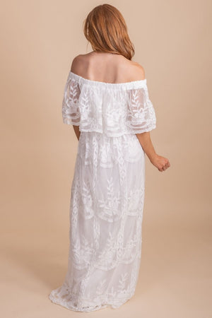 Cute off the shoulder lace maxi dress with pleated detail