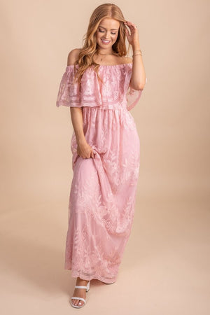 Pink strapless lace maxi dress