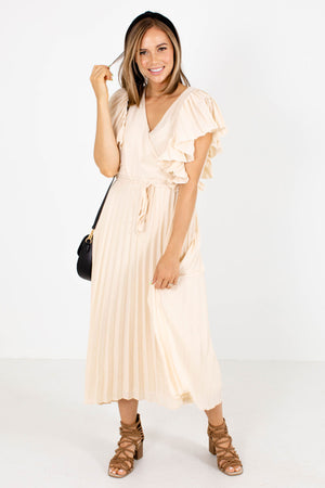 Cream Pleated Material Boutique Midi Dresses for Women