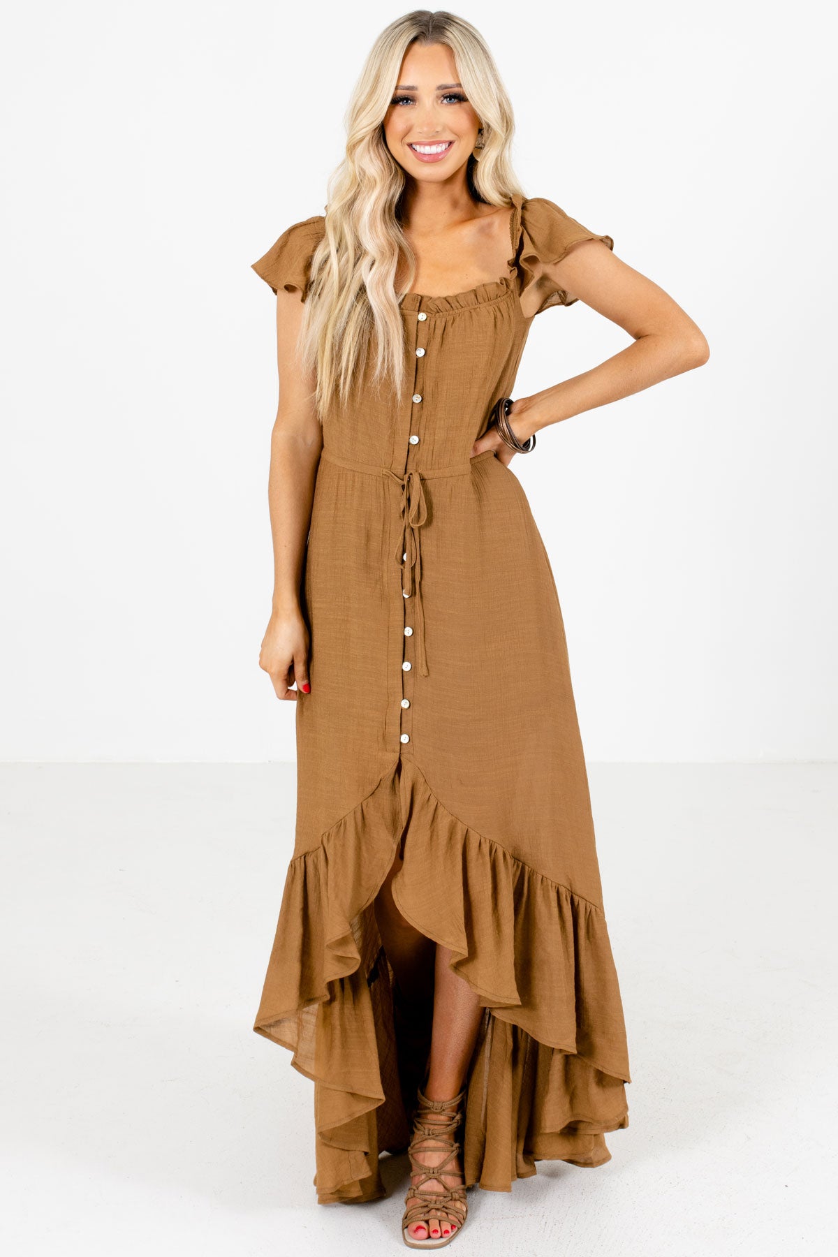 Brown Button-Up Front Boutique Maxi Dresses for Women